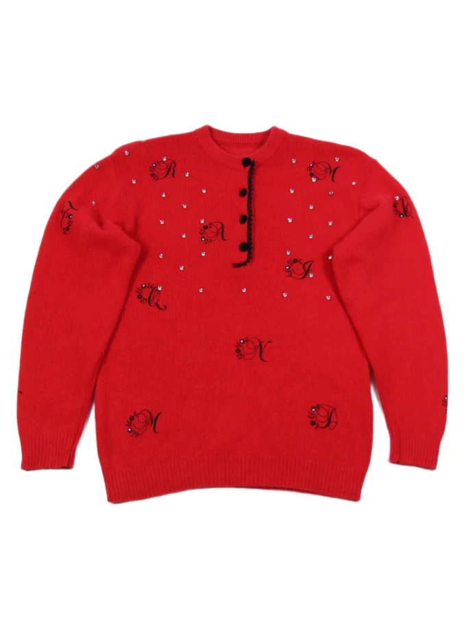 PULOVER VINTAGE DIN BLEND DE LANA SI ANGORA CU BRODERIE SI APLICATII