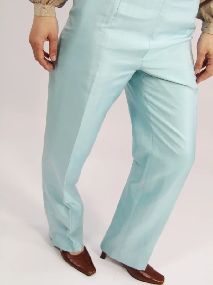 PANTALONI VINTAGE DIN MATASE SHANTUNG AQUA