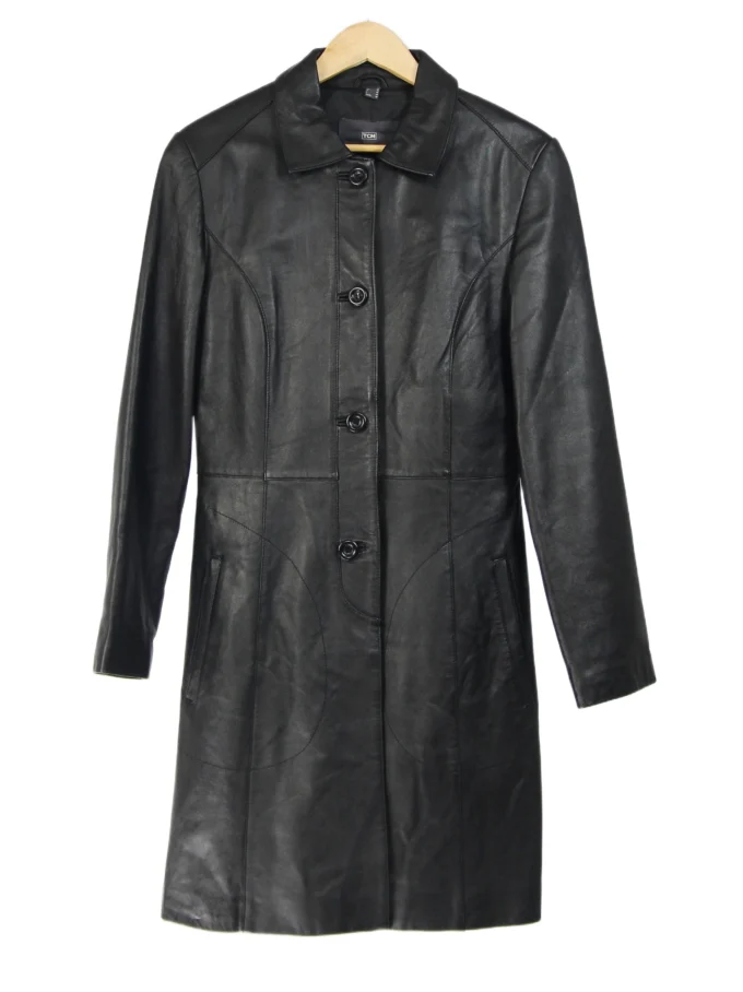 TRENCH VINTAGE ANII 90 DIN PIELE NATURALA CU CUSATURI DECORATIVE
