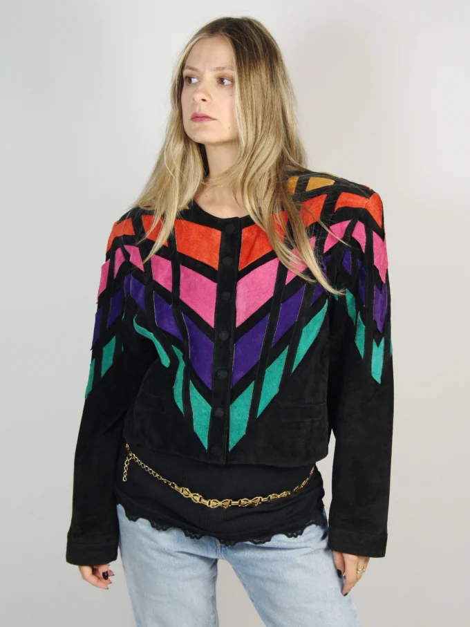 GEACA VINTAGE DIN PIELE INTOARSA CU INSERTII GEOMETRICE MULTICOLORE