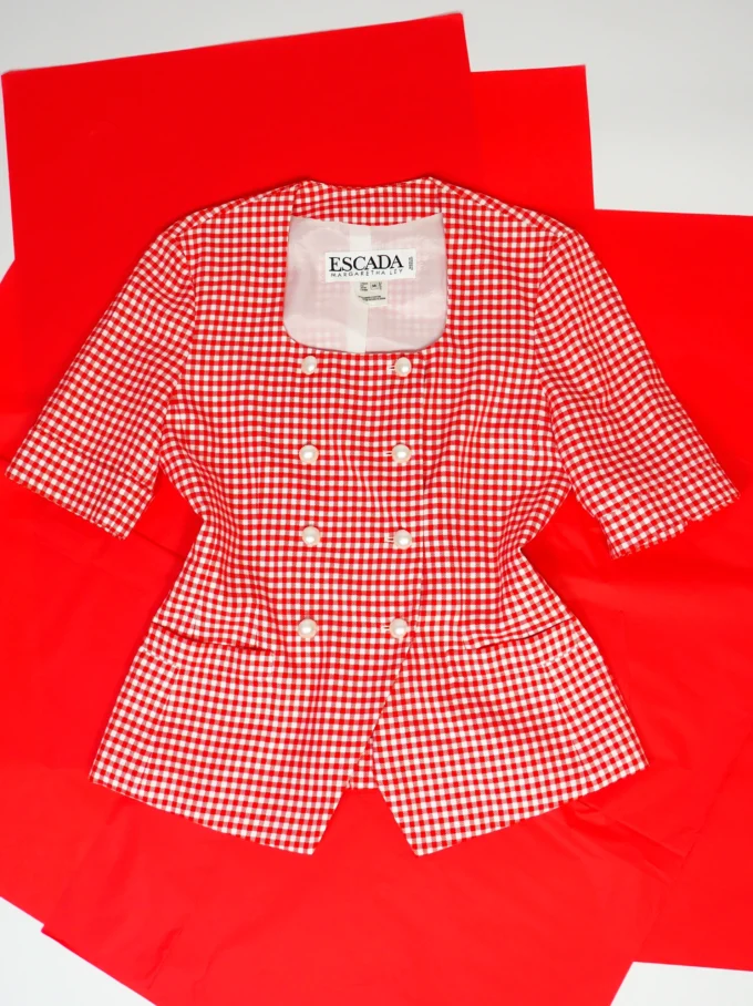 SACOU VINTAGE ESCADA CU PRINT GINGHAM SI NASTURI PERLA