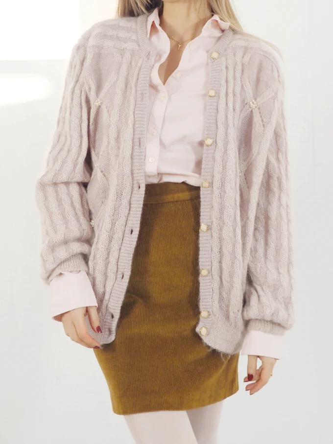 CARDIGAN VINTAGE CU TORSADE SI APLICATII DE PERLE